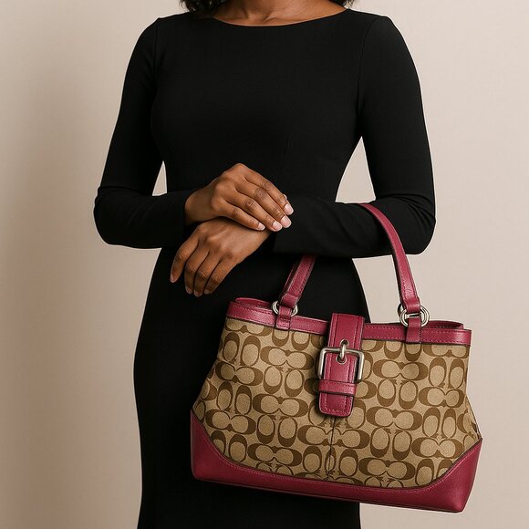 Coach Signature Bag – Brown Jacquard with Pink Leather Trim - Picture 8 of 8